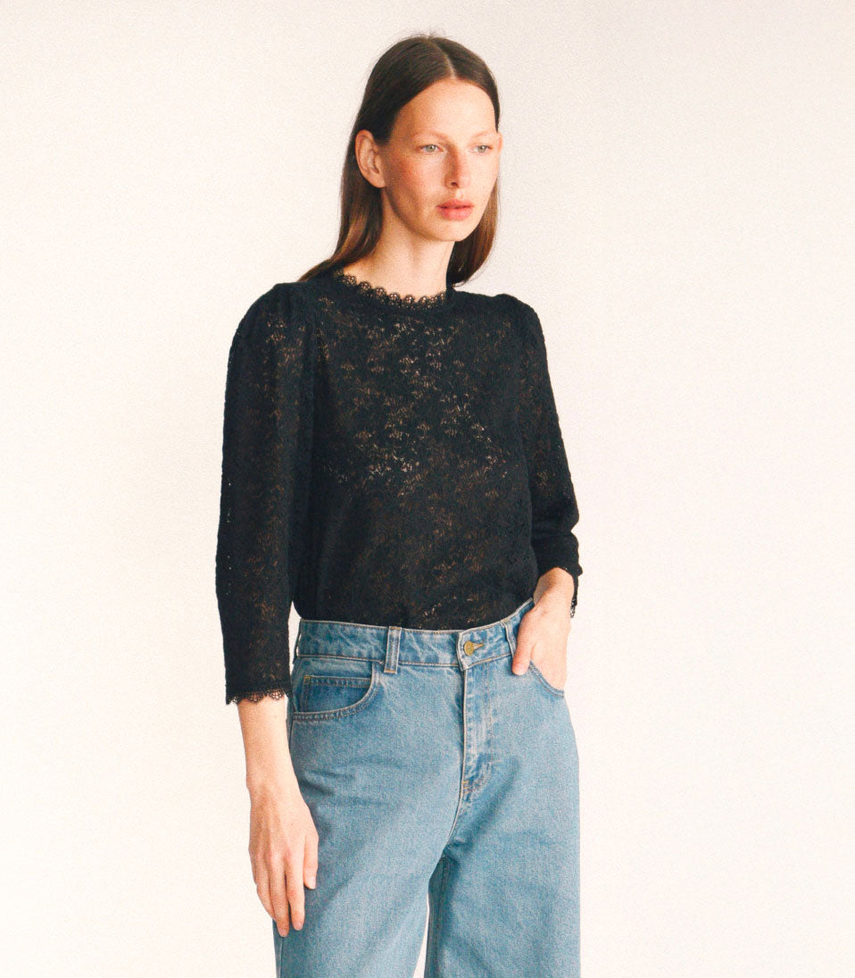 T-shirt Manches Courtes à Dentelle Ivoire Femme | Morgan Suisse