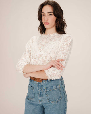 Blouse dentelle col montant ecru Stella