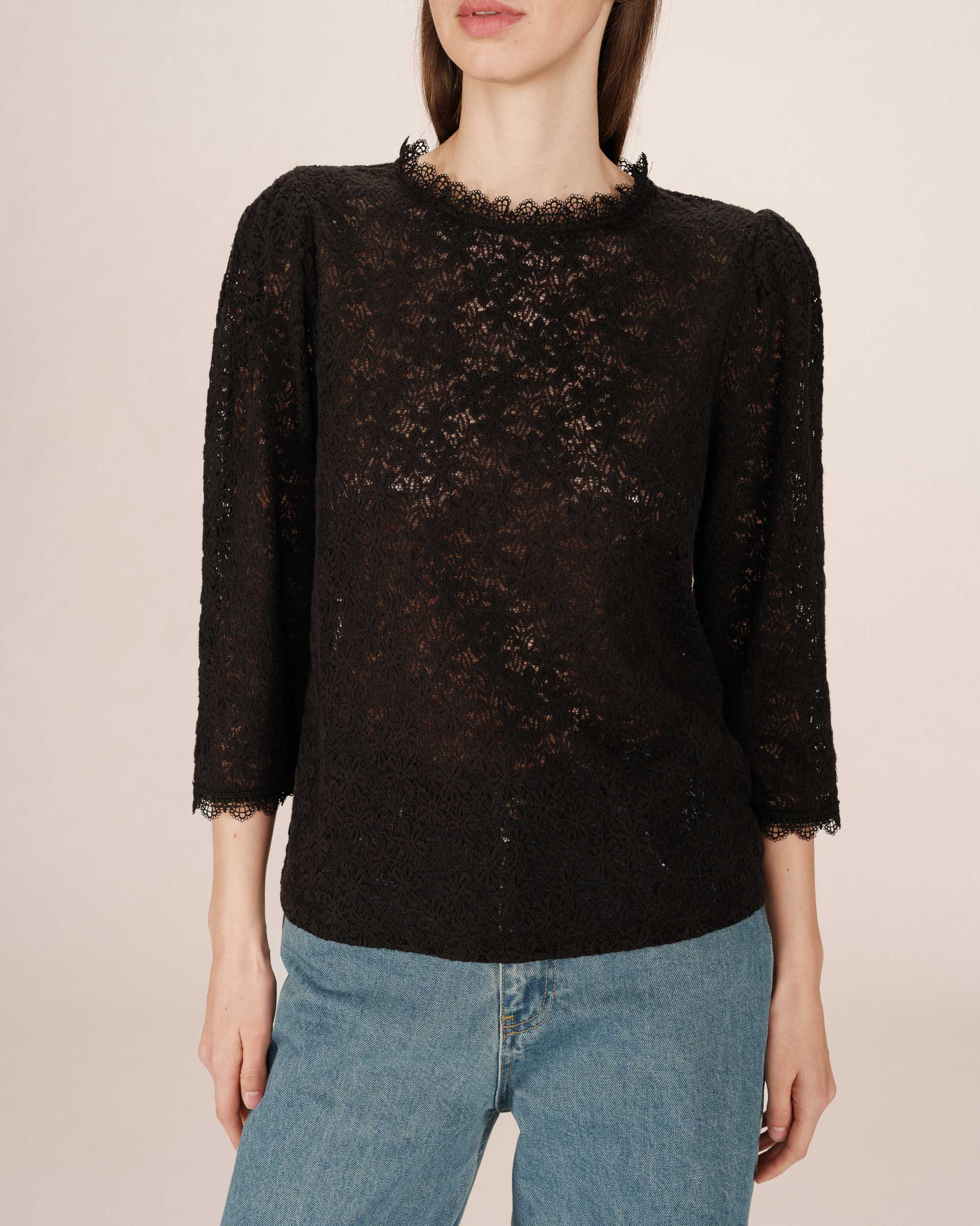 Blouse dentelle col montant noir Stella