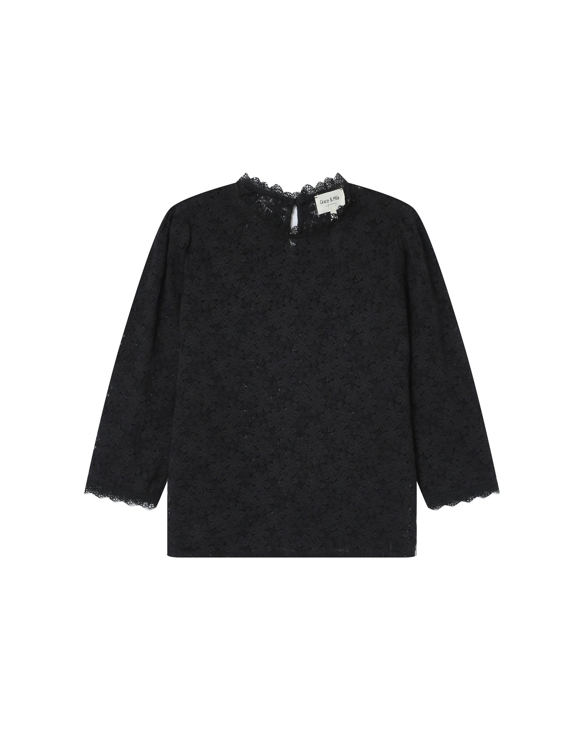 Blouse dentelle col montant noir Stella