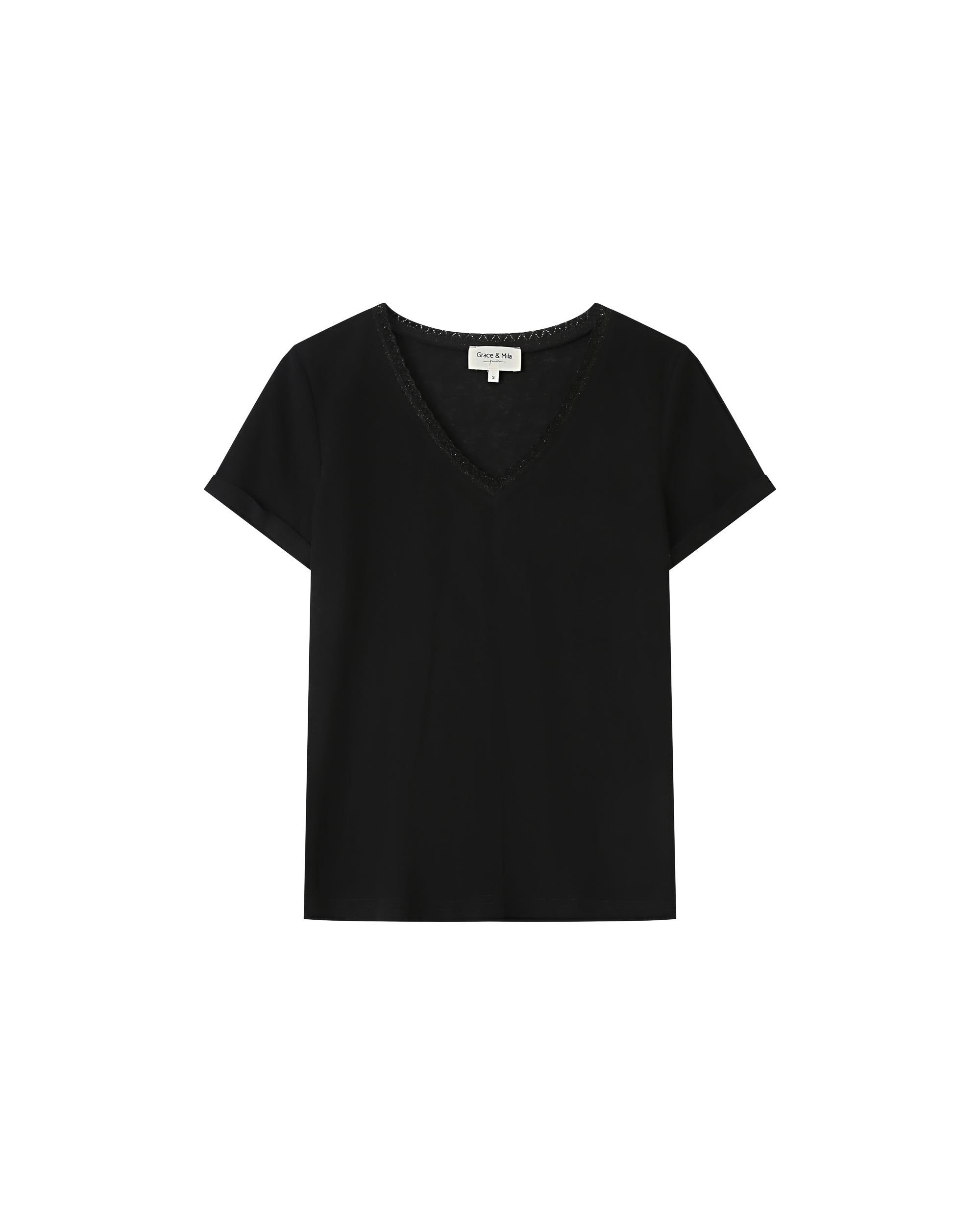 T-shirt col v en dentelle noir Space