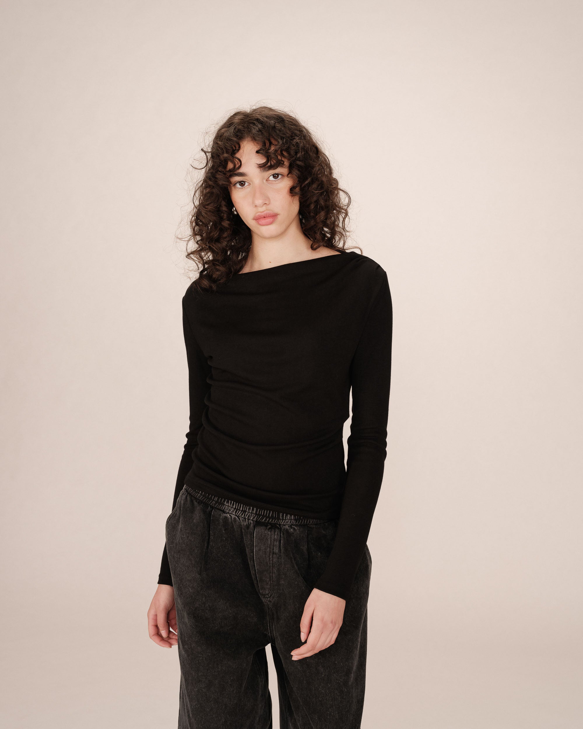 Asymmetrical draped top black Sioux