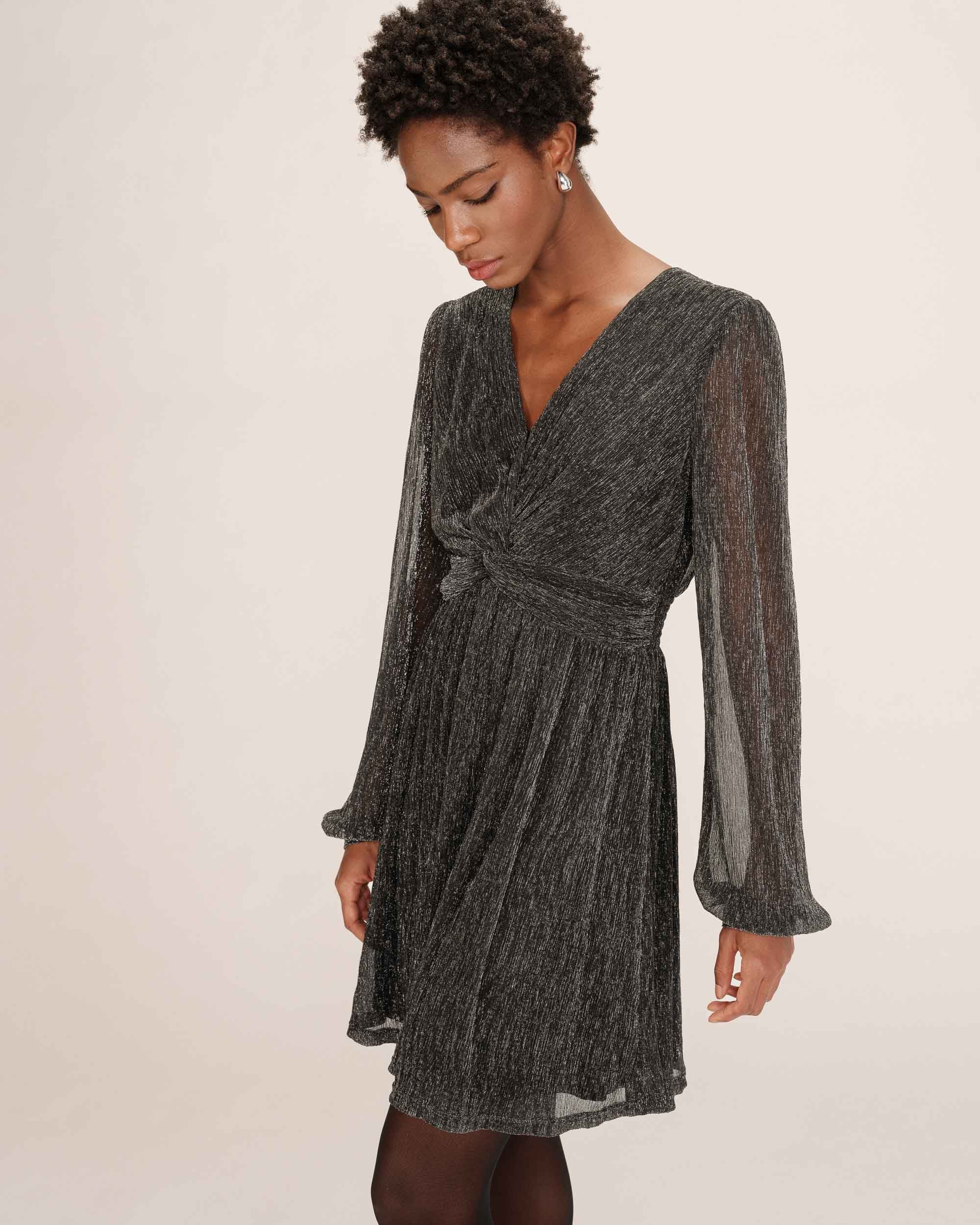Robe courte plissee en lurex argent Tess