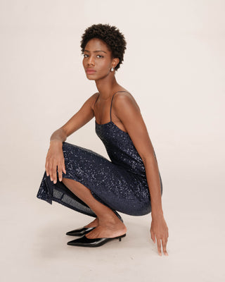 Robe longue sequins marine Tori