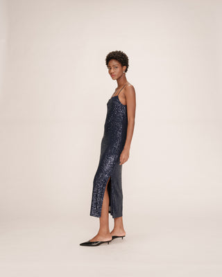 Robe longue sequins marine Tori