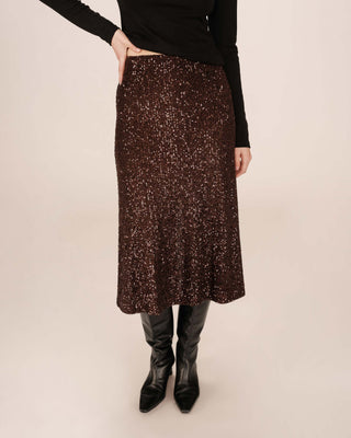 Jupe longue en sequins chocolat Tailana