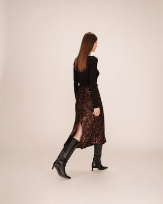 Jupe longue en sequins chocolat Tailana