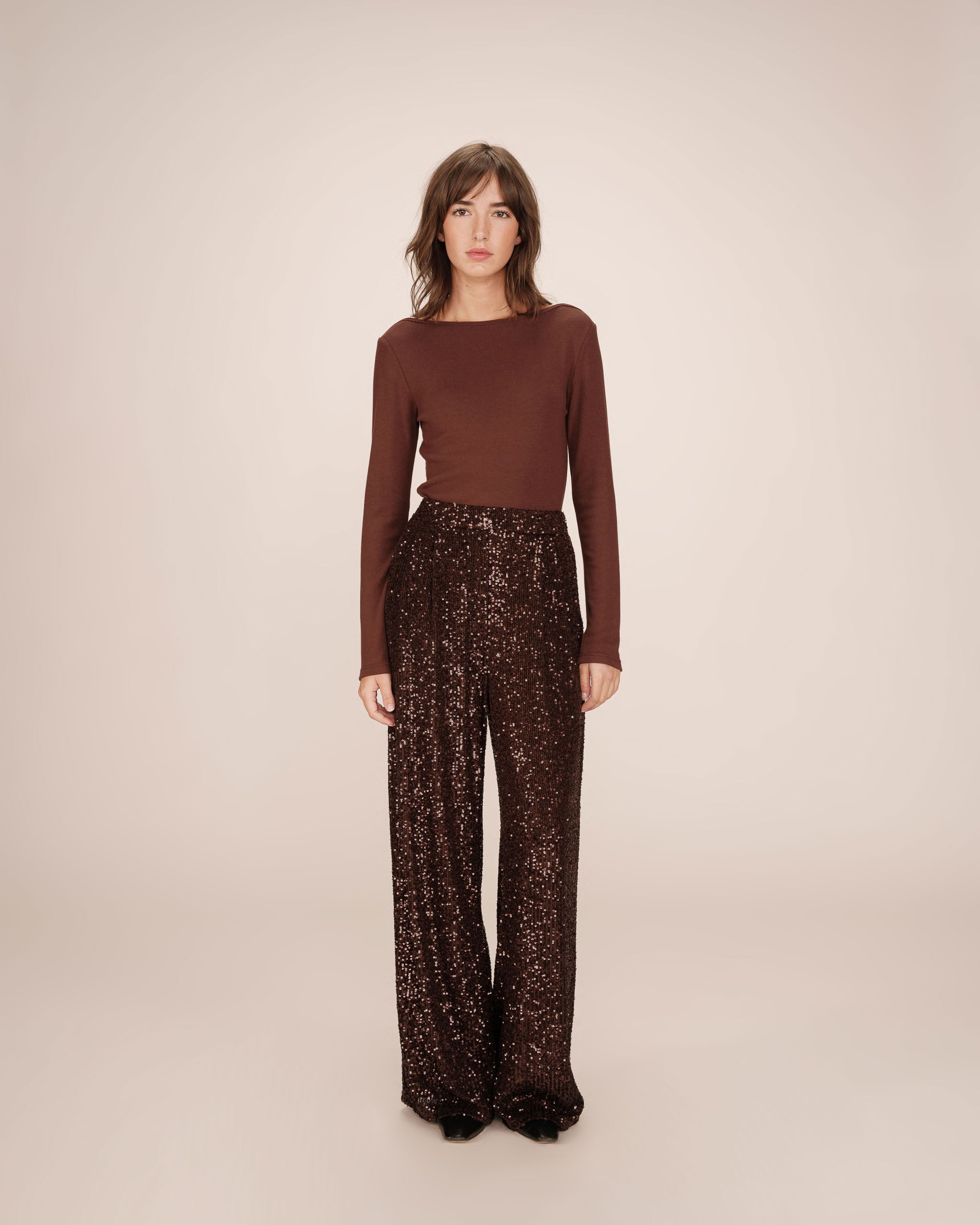 Pantalon large en sequins chocolat Toby