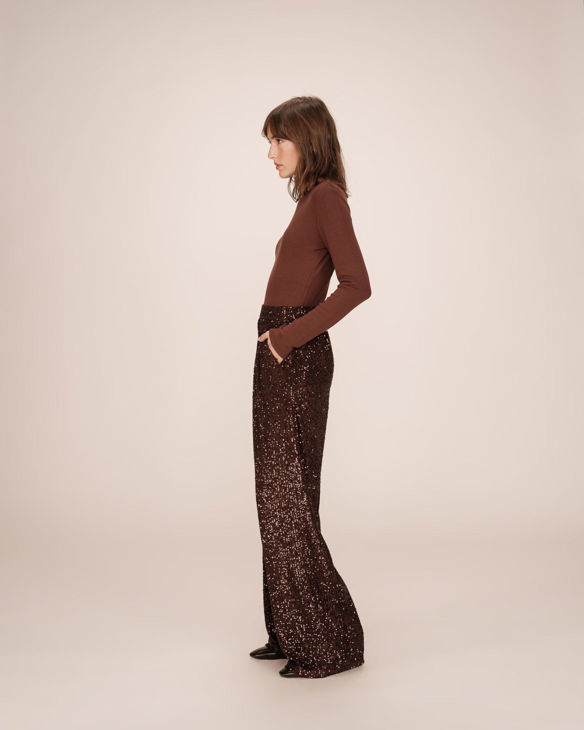 Pantalon large en sequins chocolat Toby