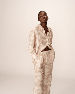 Pantalon fluide a motifs beige Pavot