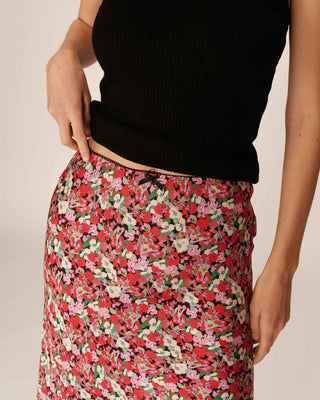 Jupe mi-longue a fleurs rouge Pearl