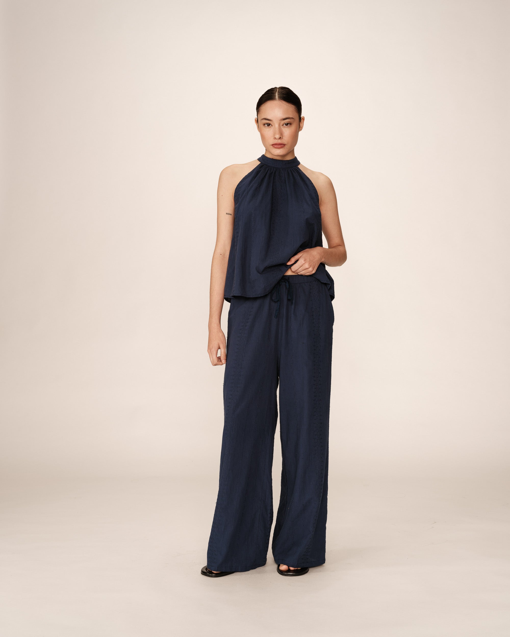 Embroidered wide trousers navy Piccoli_13025