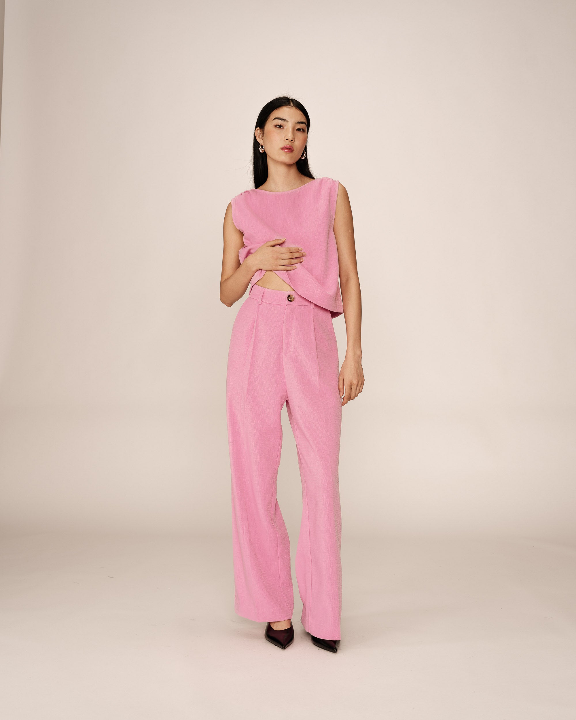 Pantalon droit a plis rose Pierre