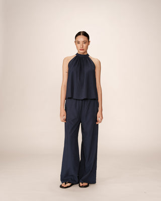 Embroidered high collar top navy Poco_12932