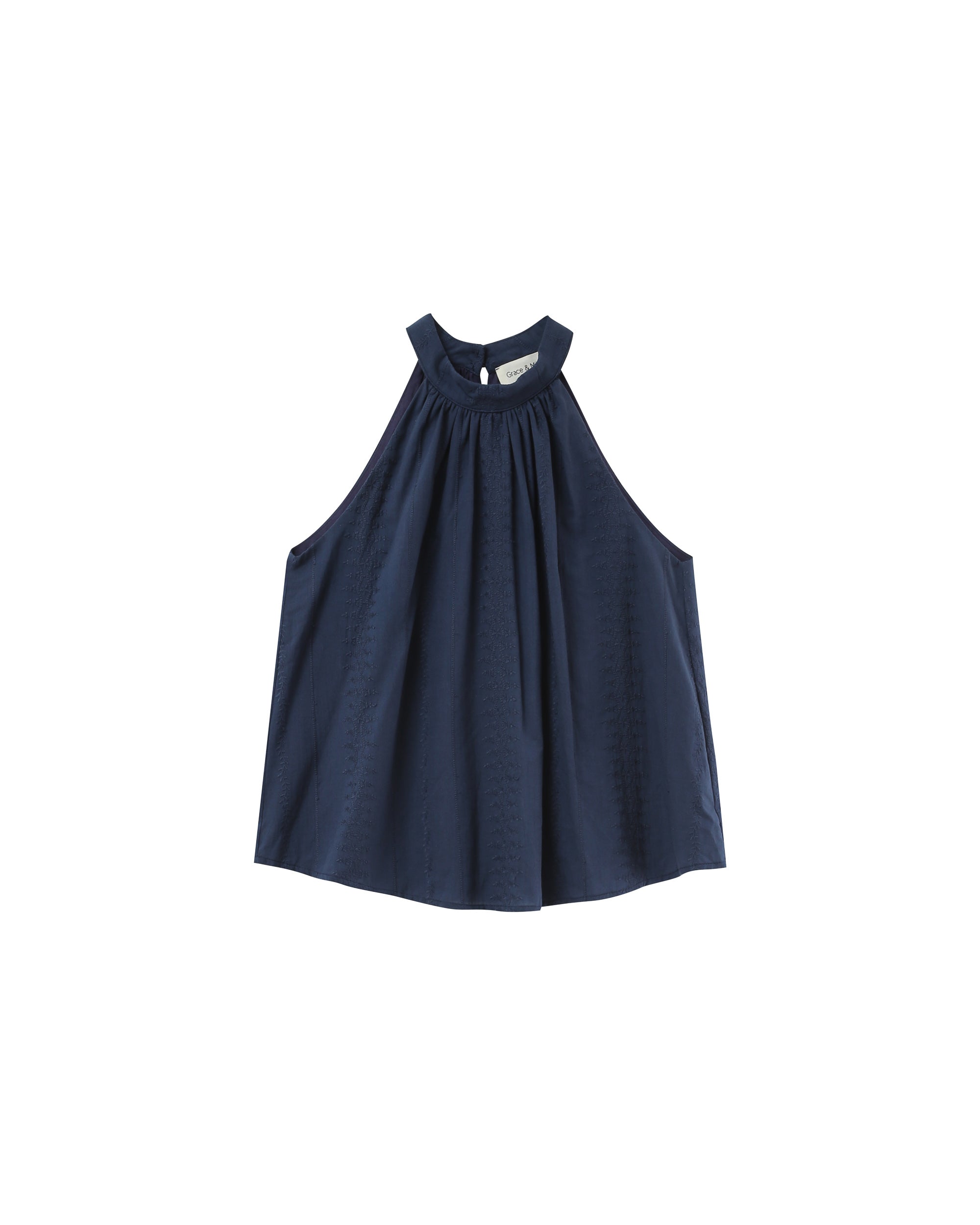 Embroidered high collar top navy Poco_12932