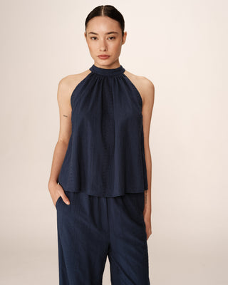 Embroidered high collar top navy Poco_12932