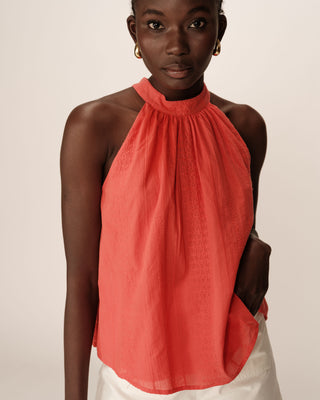 Embroidered high collar top red Poco_12932