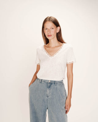 Top col v en dentelle ecru Rome