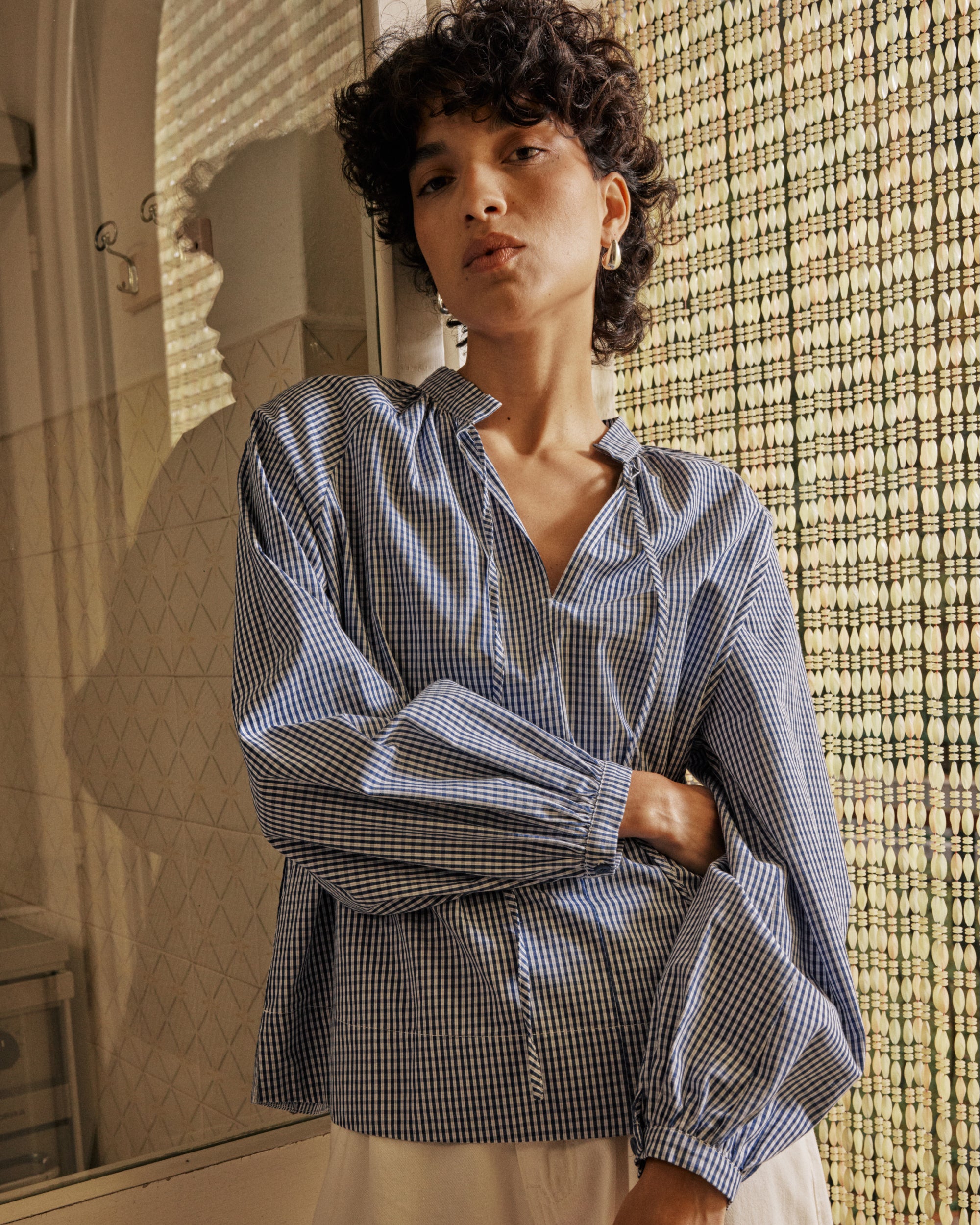 Blouse à carreaux en coton marine Varry