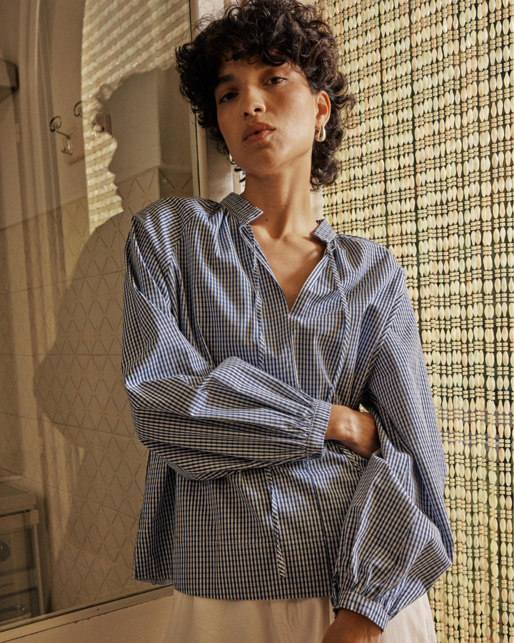 Blouse à carreaux en coton marine Varry