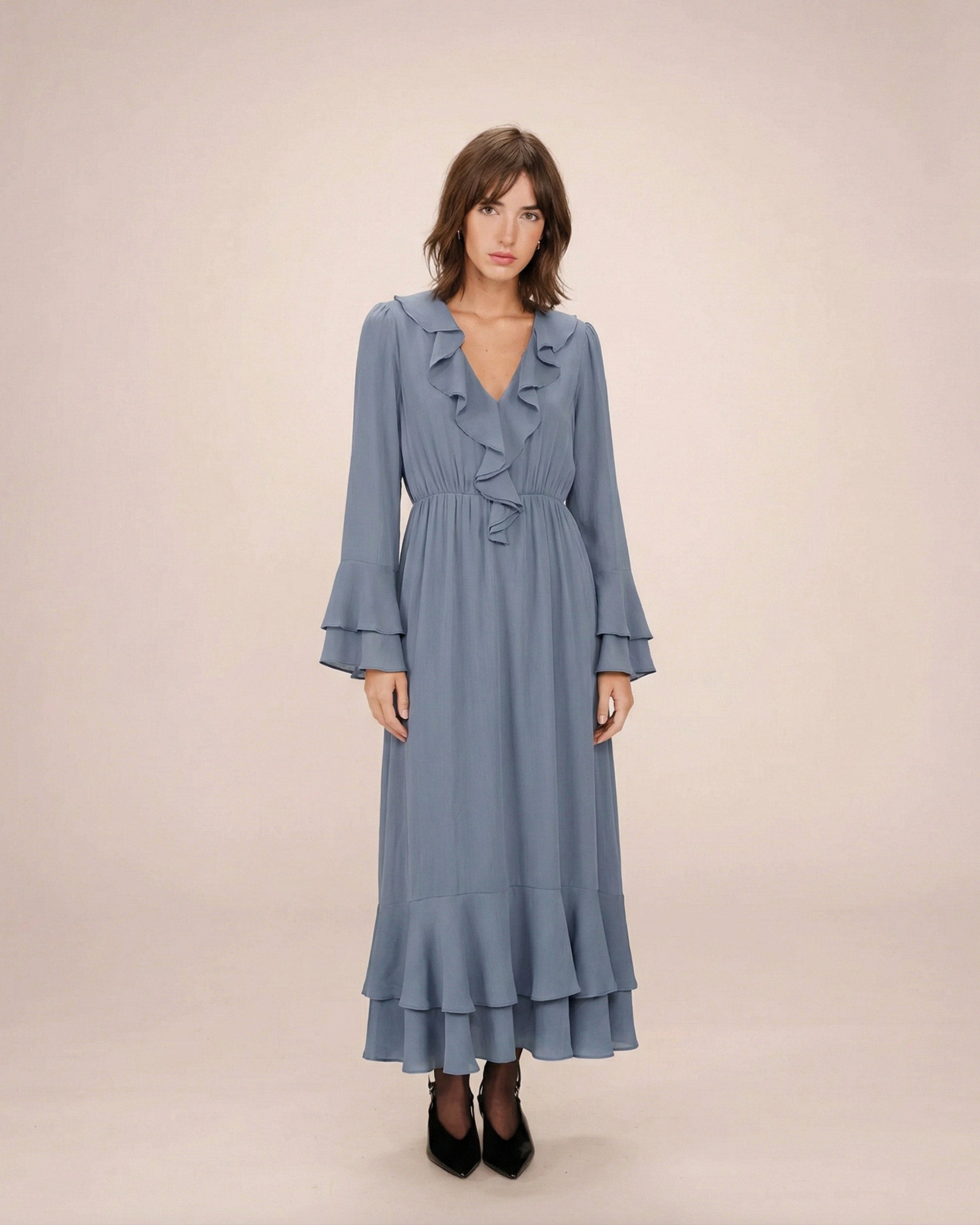 Airy long ruffled dress bleuet Samira