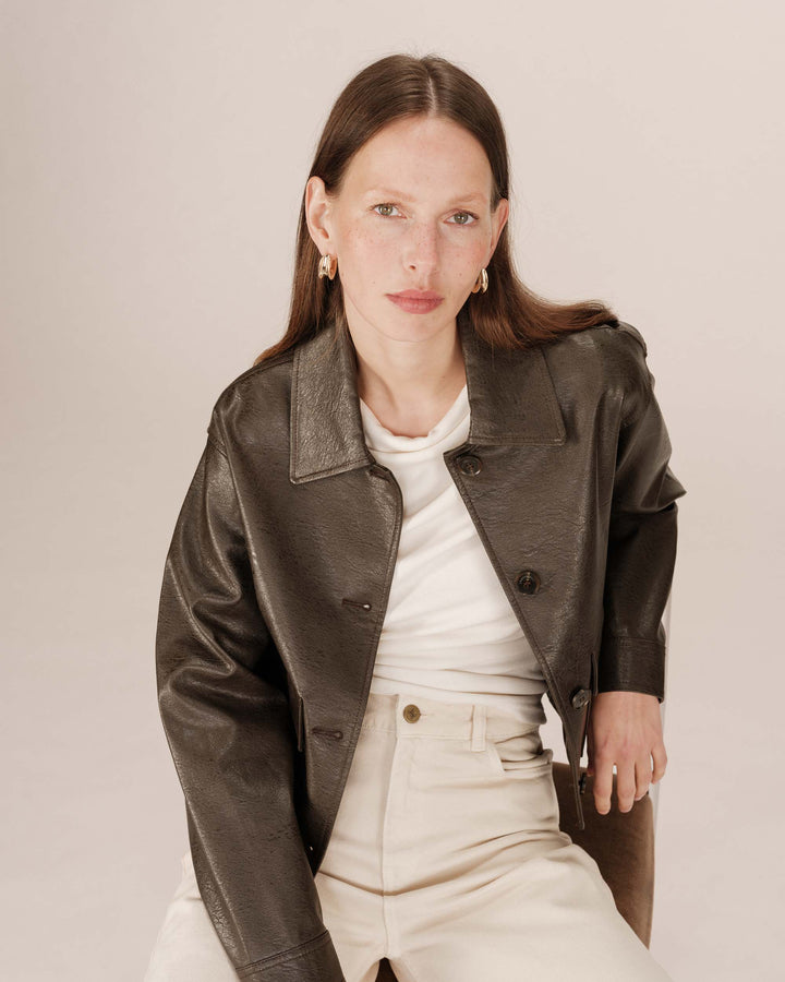 Veste en simili cuir chocolat Solange