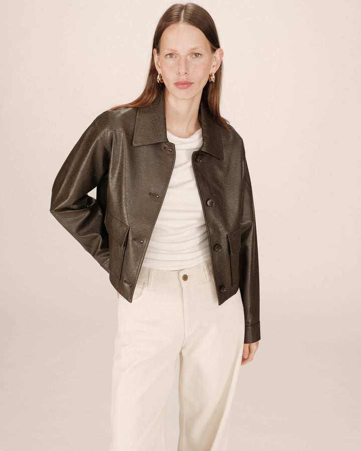 Veste en simili cuir chocolat Solange