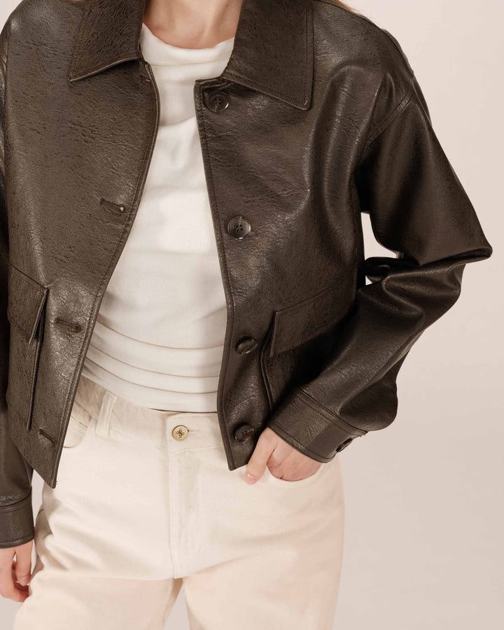 Veste en simili cuir chocolat Solange