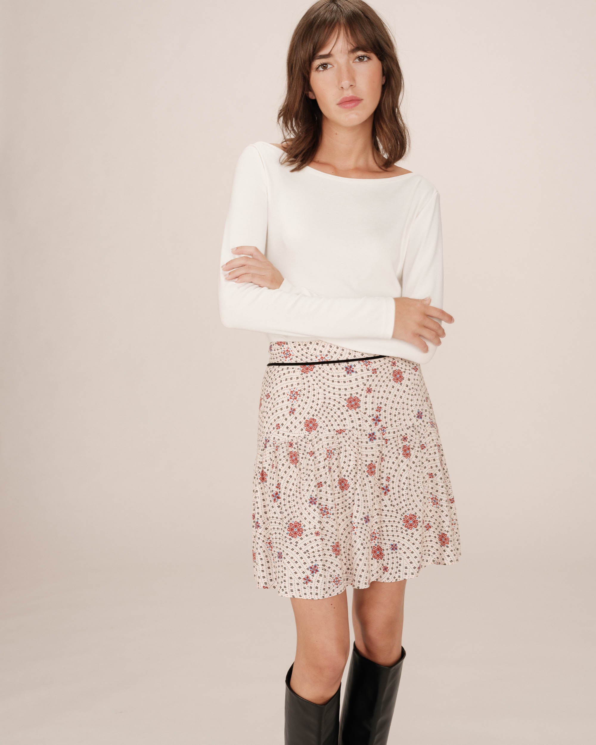 Jupe imprimée fleurs ecru Staicy