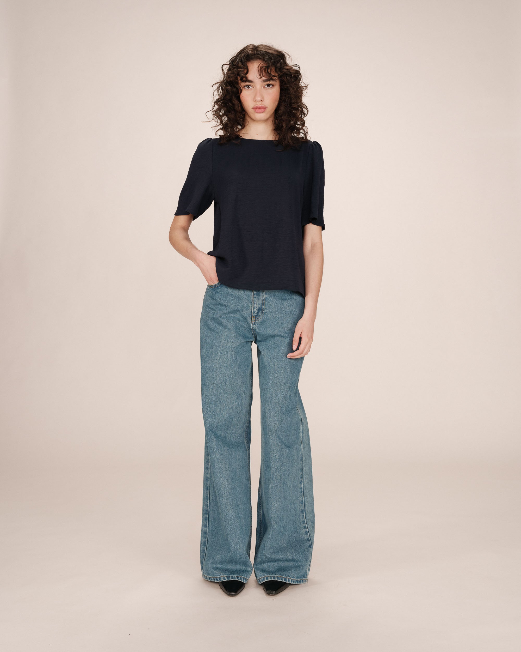 Flowy crew neck top navy Shine