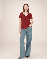 T-shirt col v en dentelle bordeaux Space