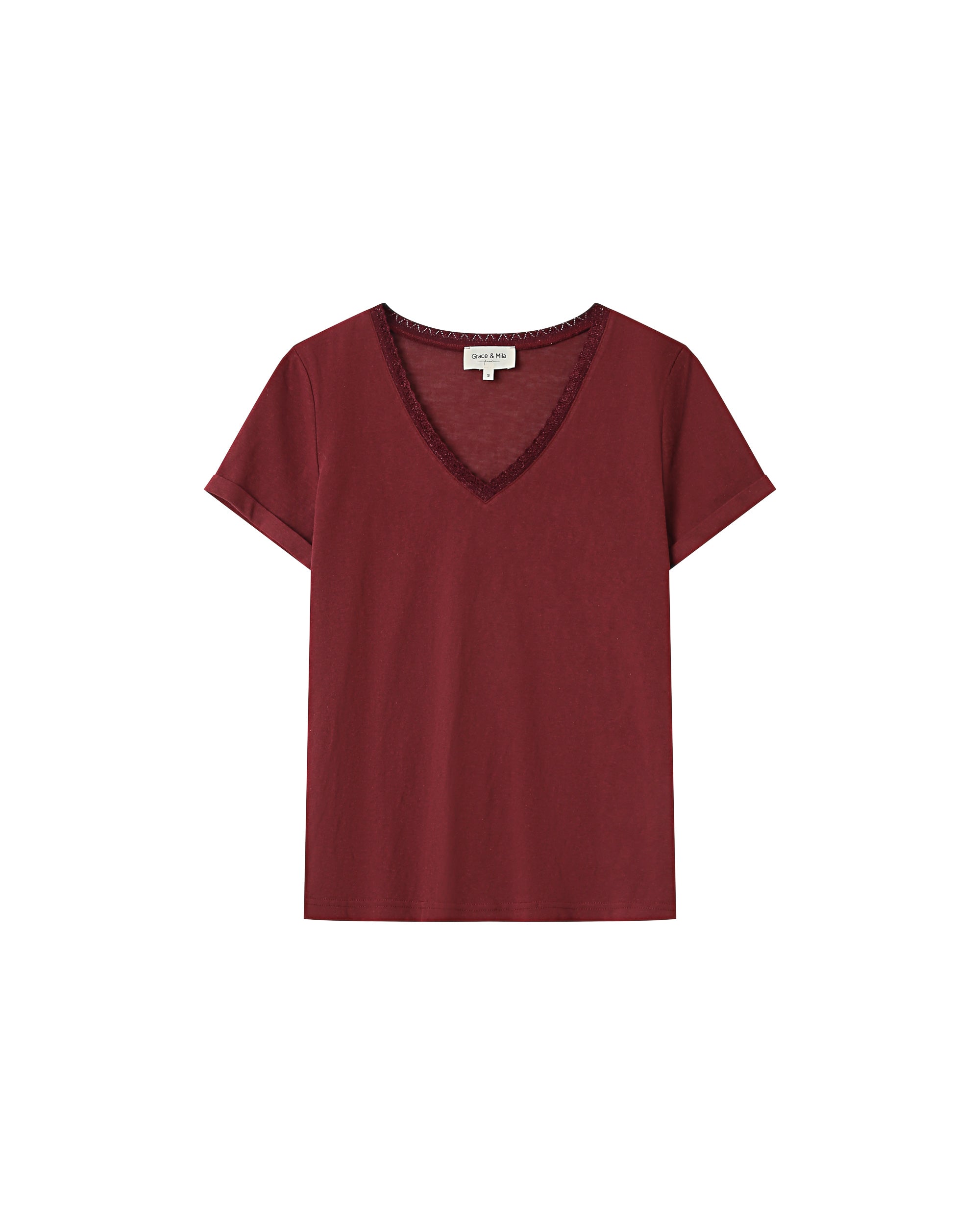 T-shirt col v en dentelle bordeaux Space