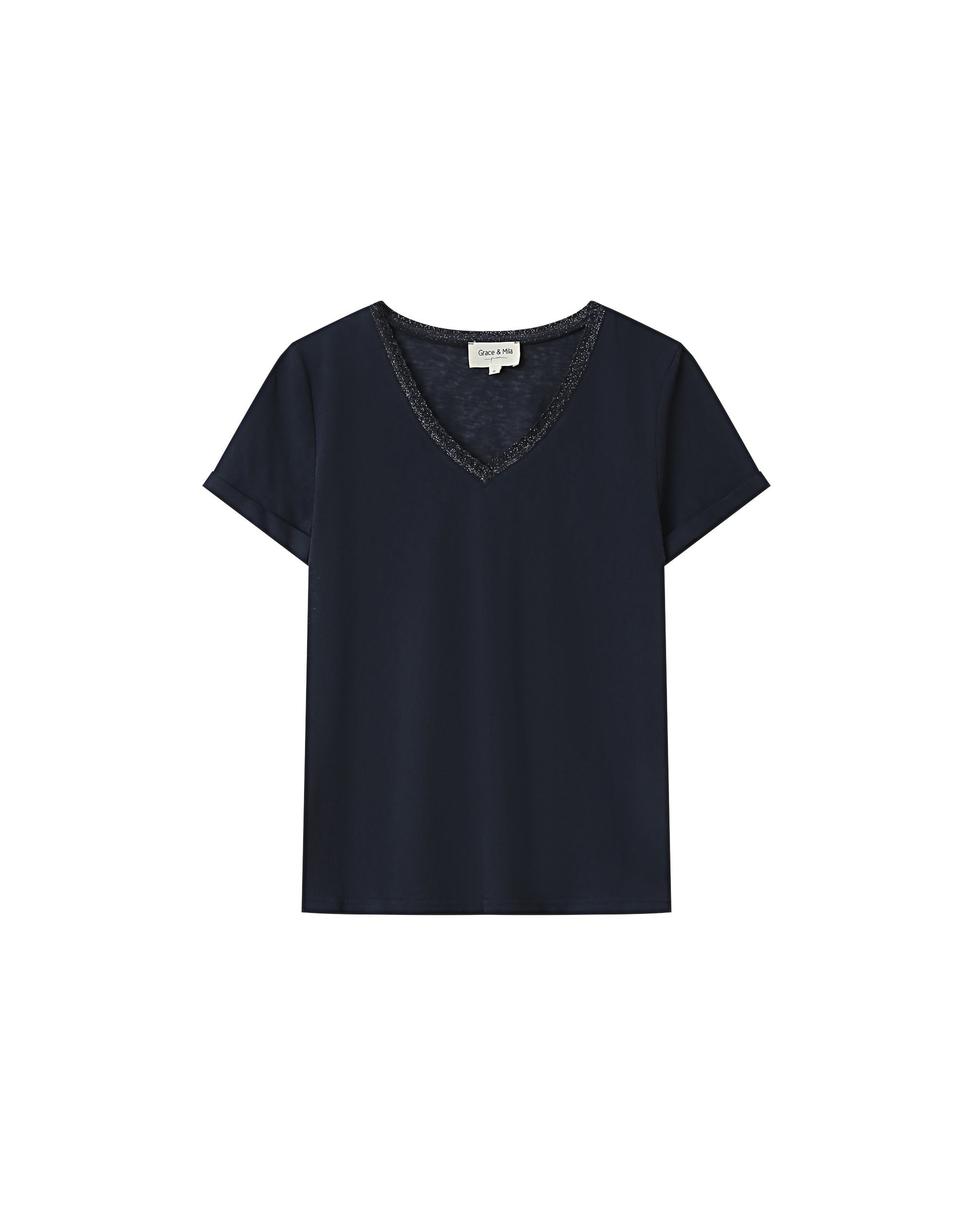 T-shirt col v en dentelle marine Space