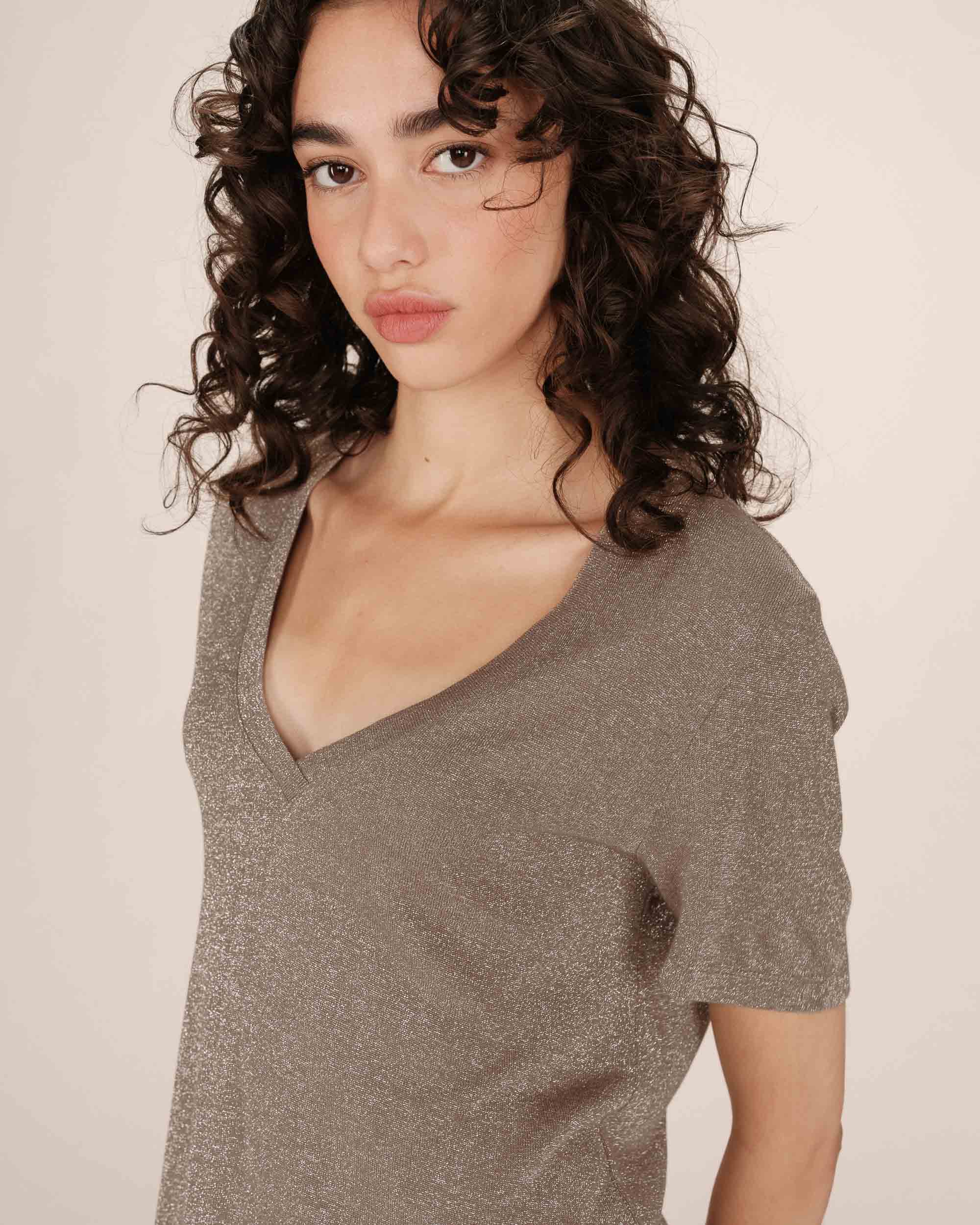 Lurex v-neck t-shirt greige Stardust