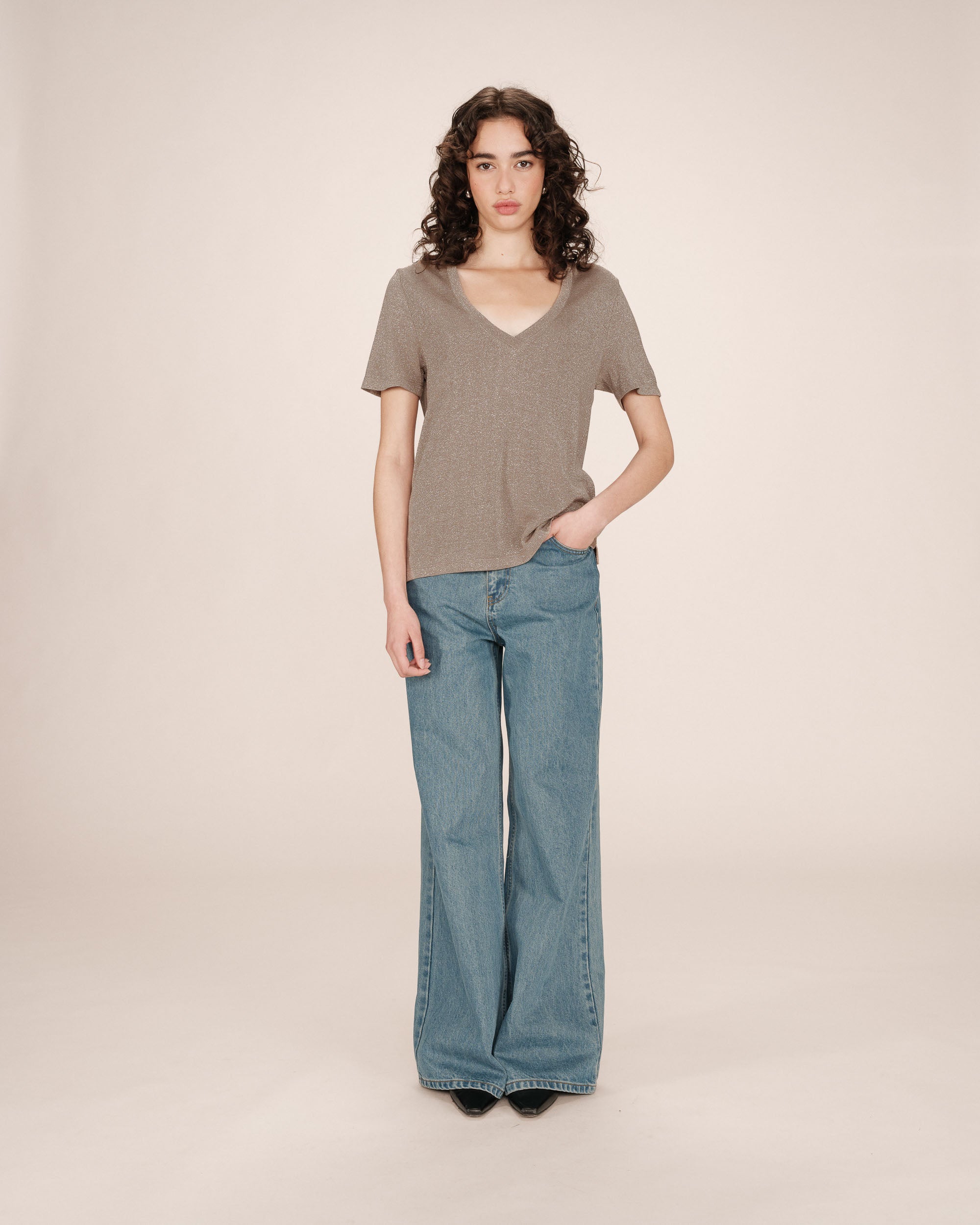 Lurex v-neck t-shirt greige Stardust