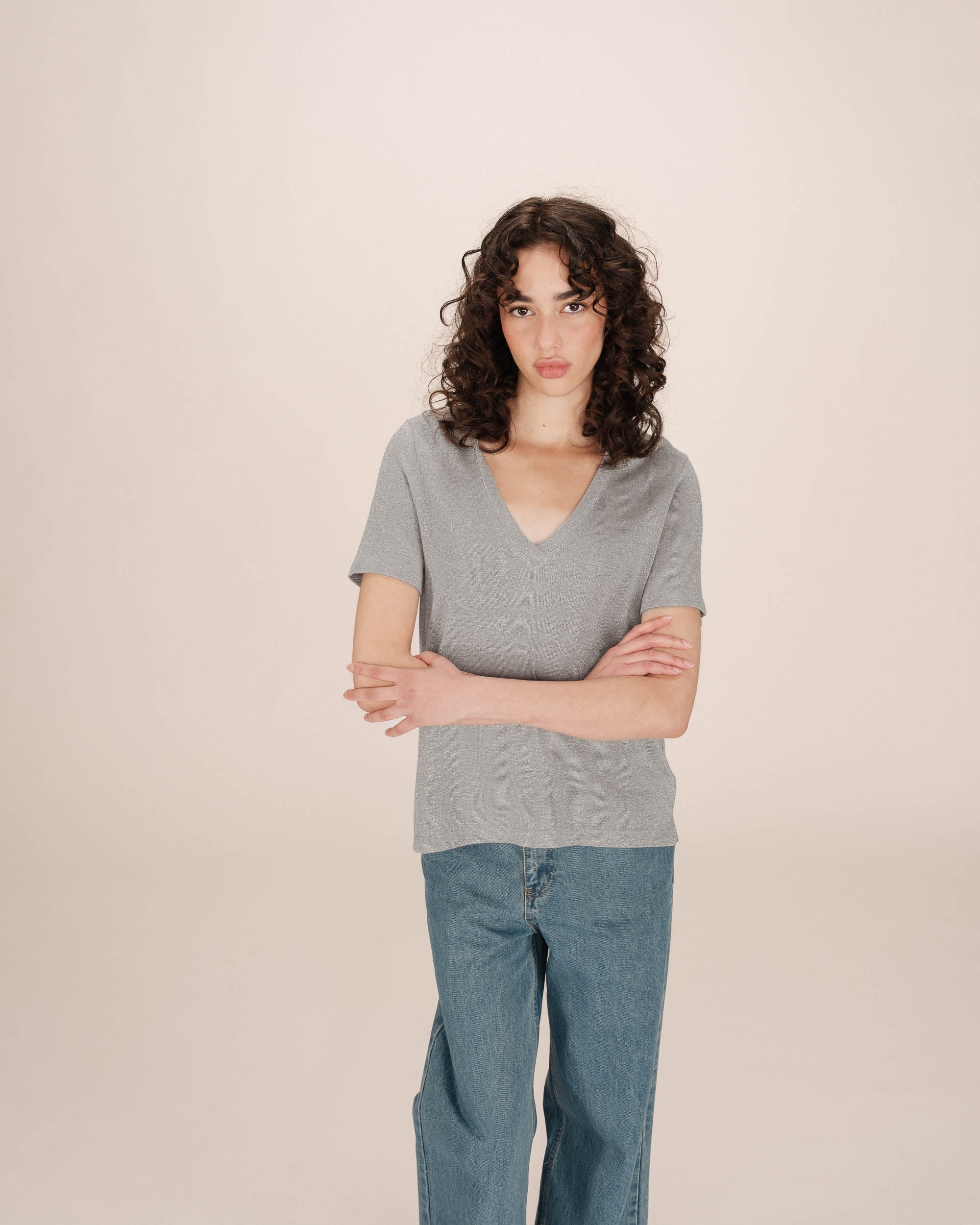 Lurex v-neck t-shirt gray Stardust