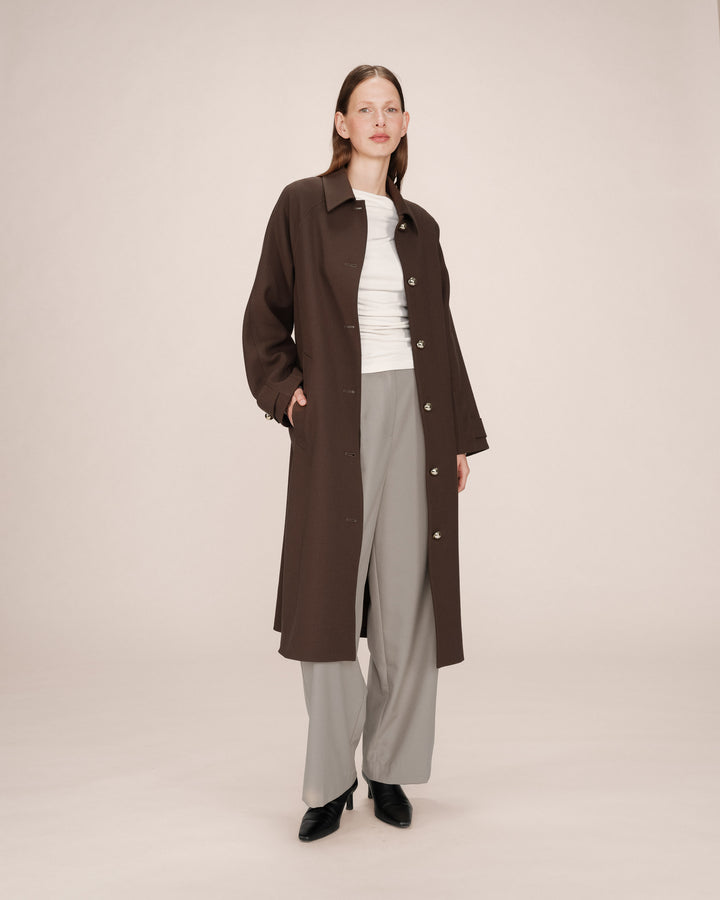 Trench long boutons dorés chocolat Scott