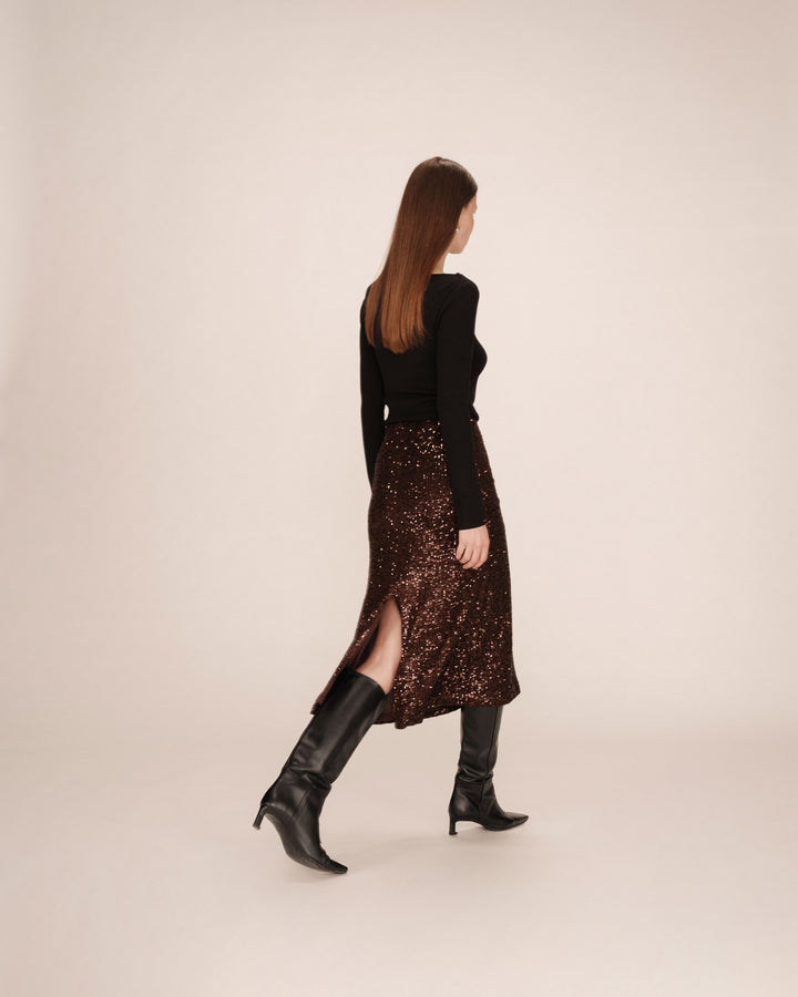 Jupe longue en sequins chocolat Tailana