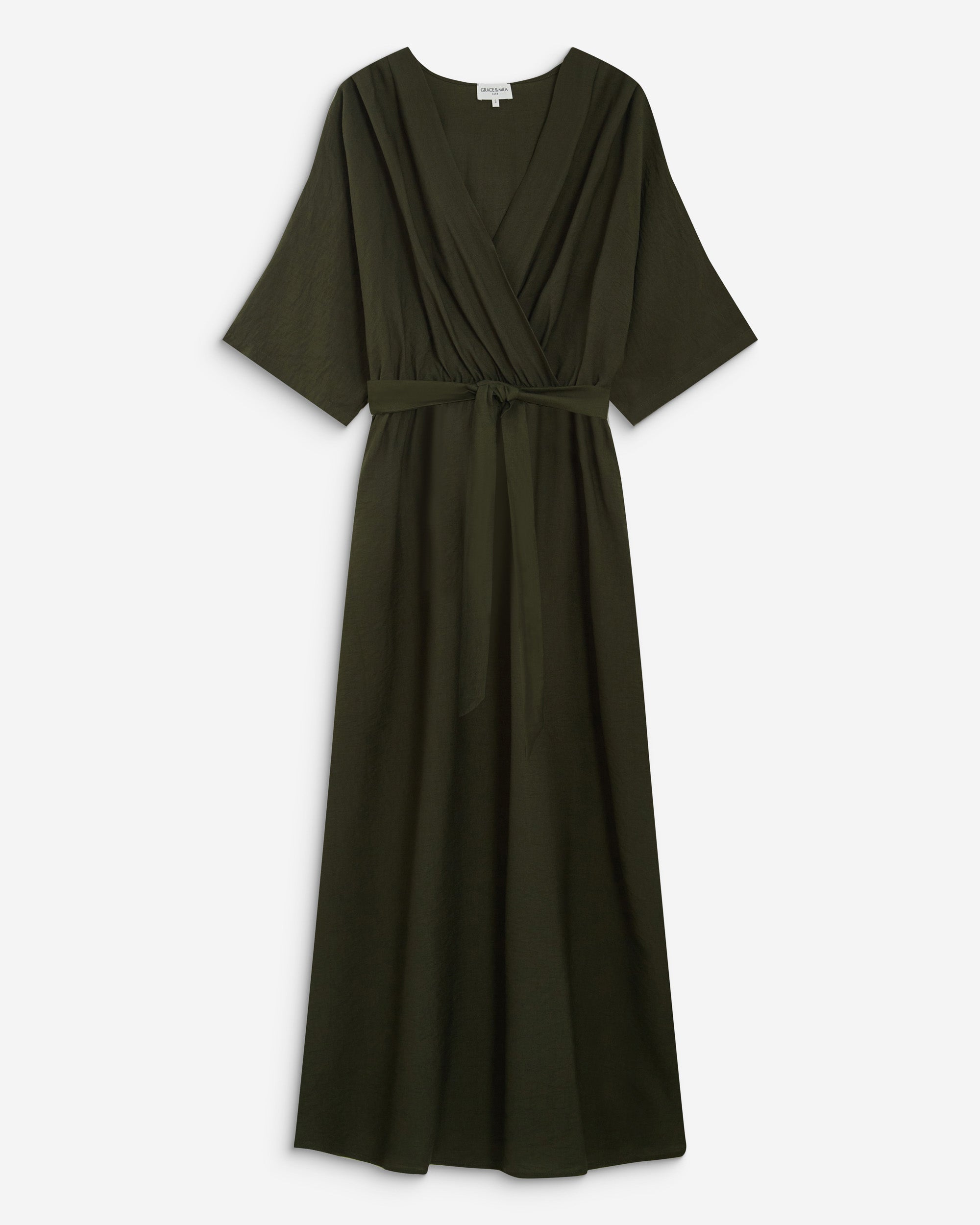 Flared maxi V-neck wrap dress kaki Amelia