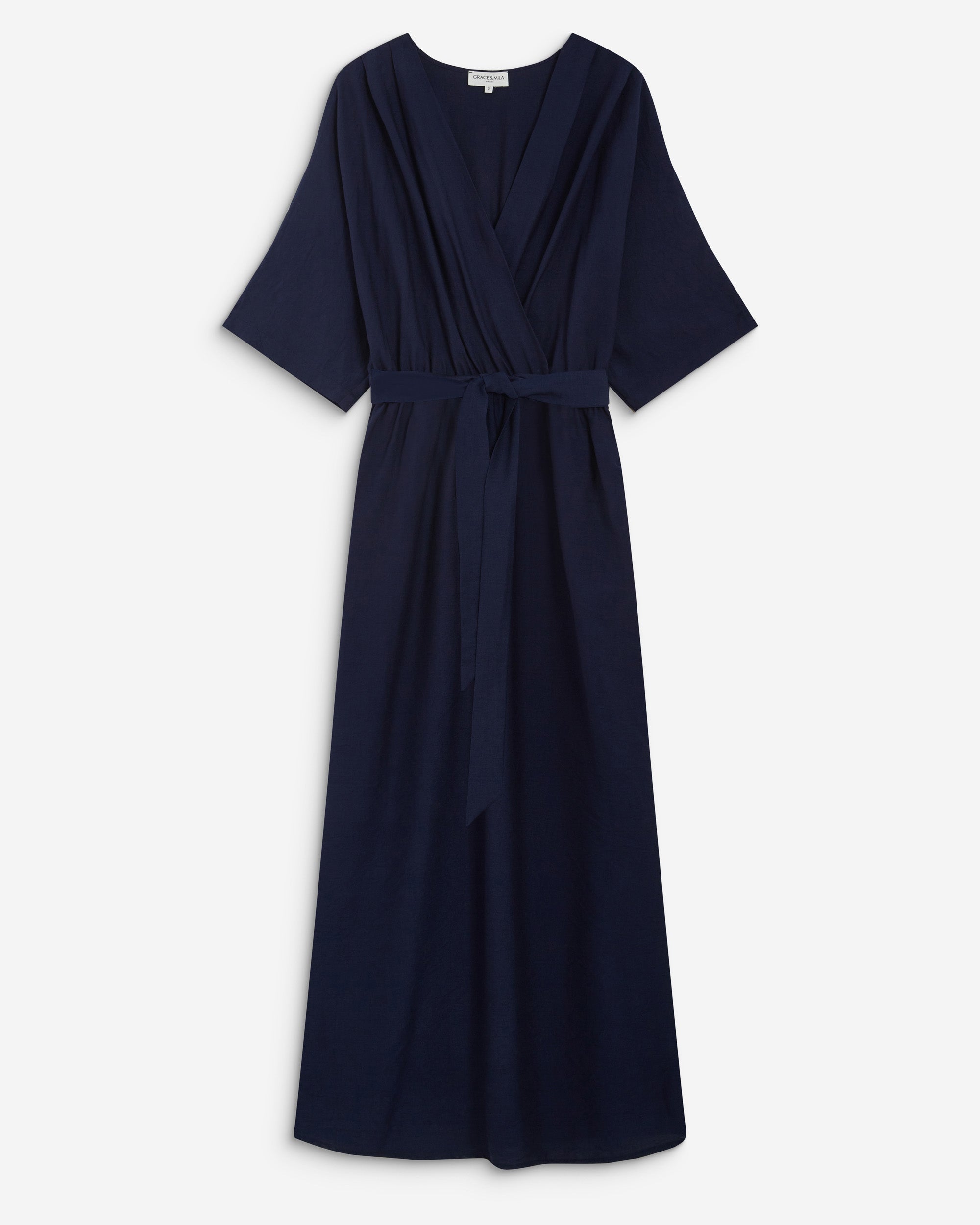 Robe longue évasée col V croisé marine Amelia