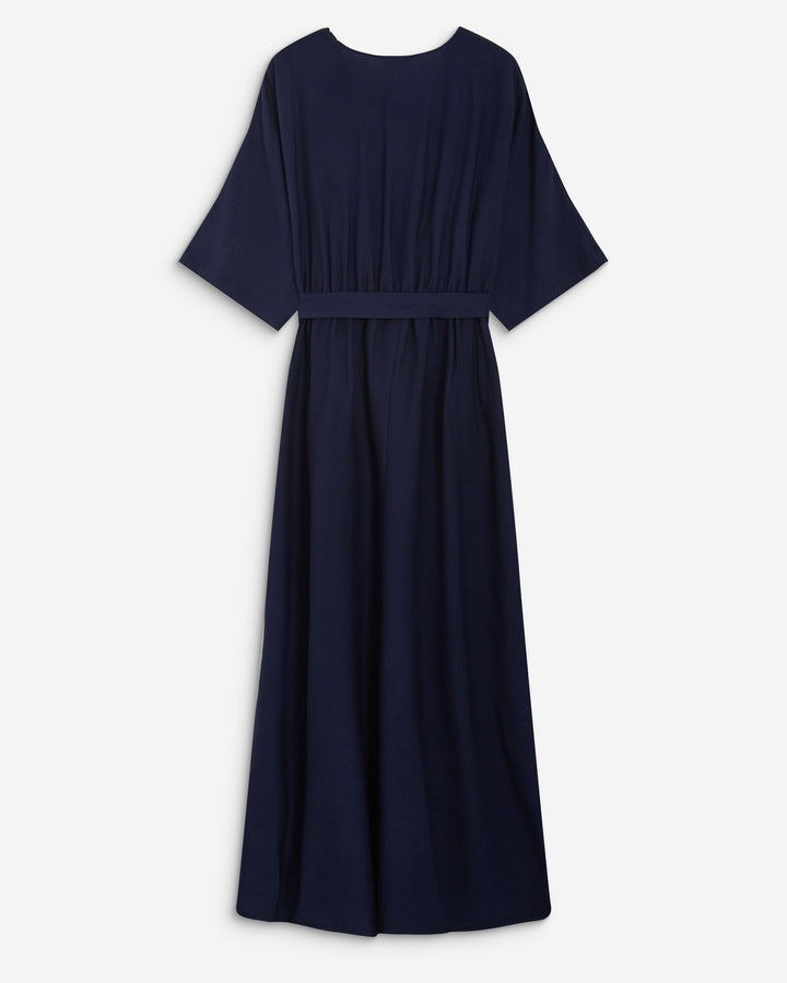 Robe longue évasée col V croisé marine Amelia