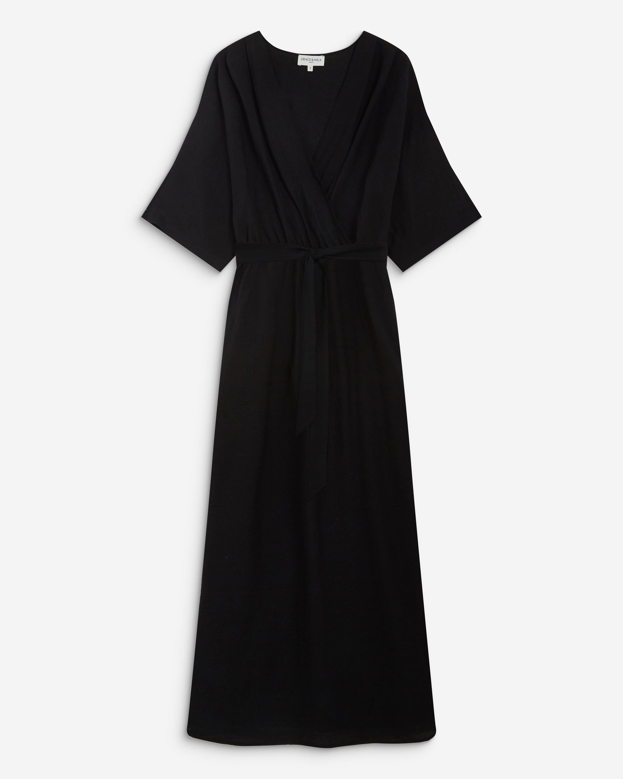 Robe longue évasée col V croisé noir Amelia