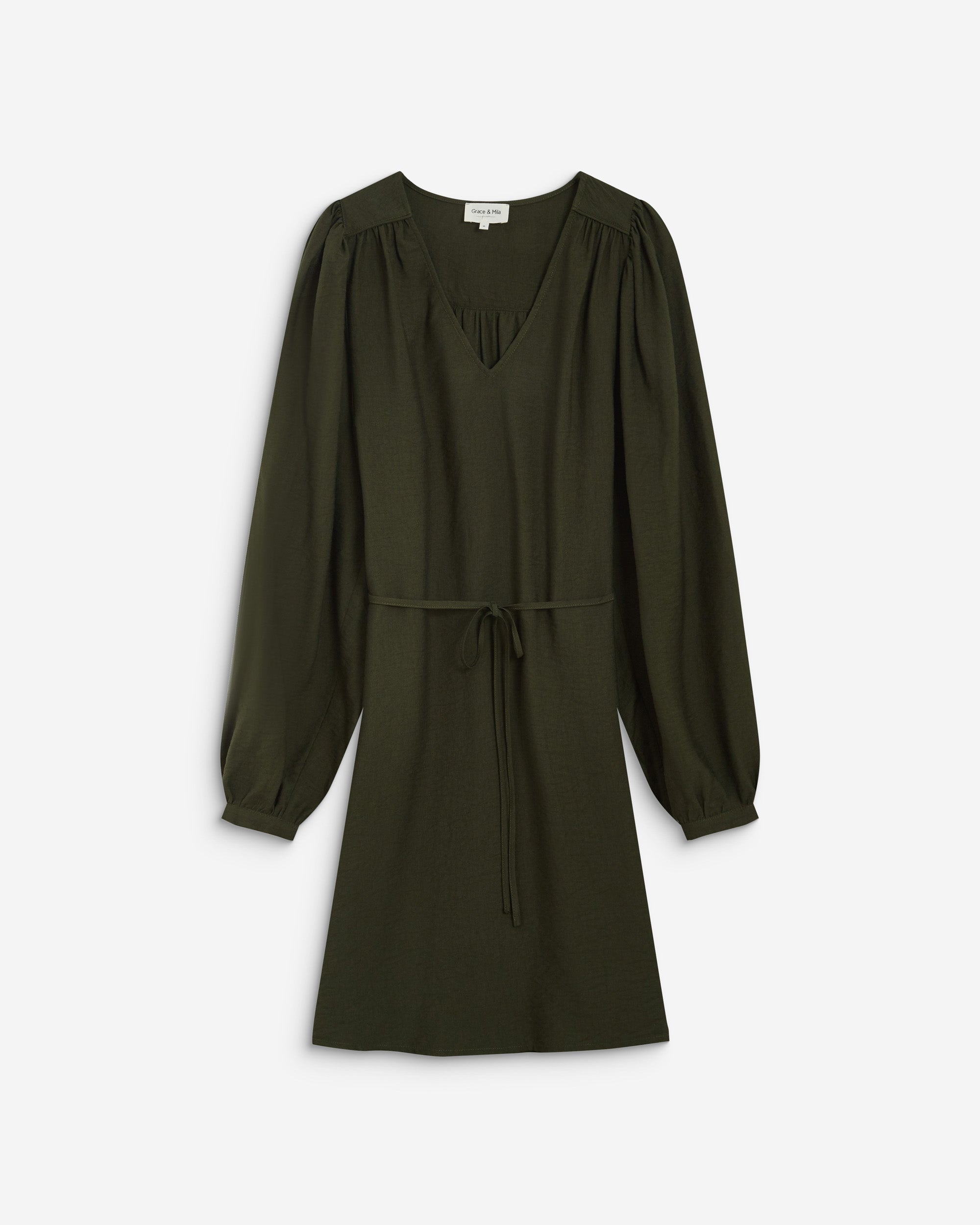 Robe courte col V manches bouffantes kaki Alienor