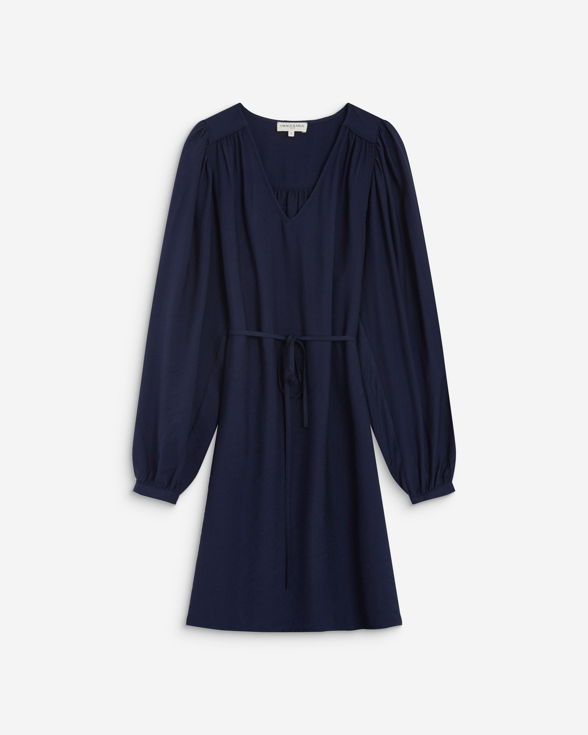 Robe courte col V manches bouffantes marine Alienor