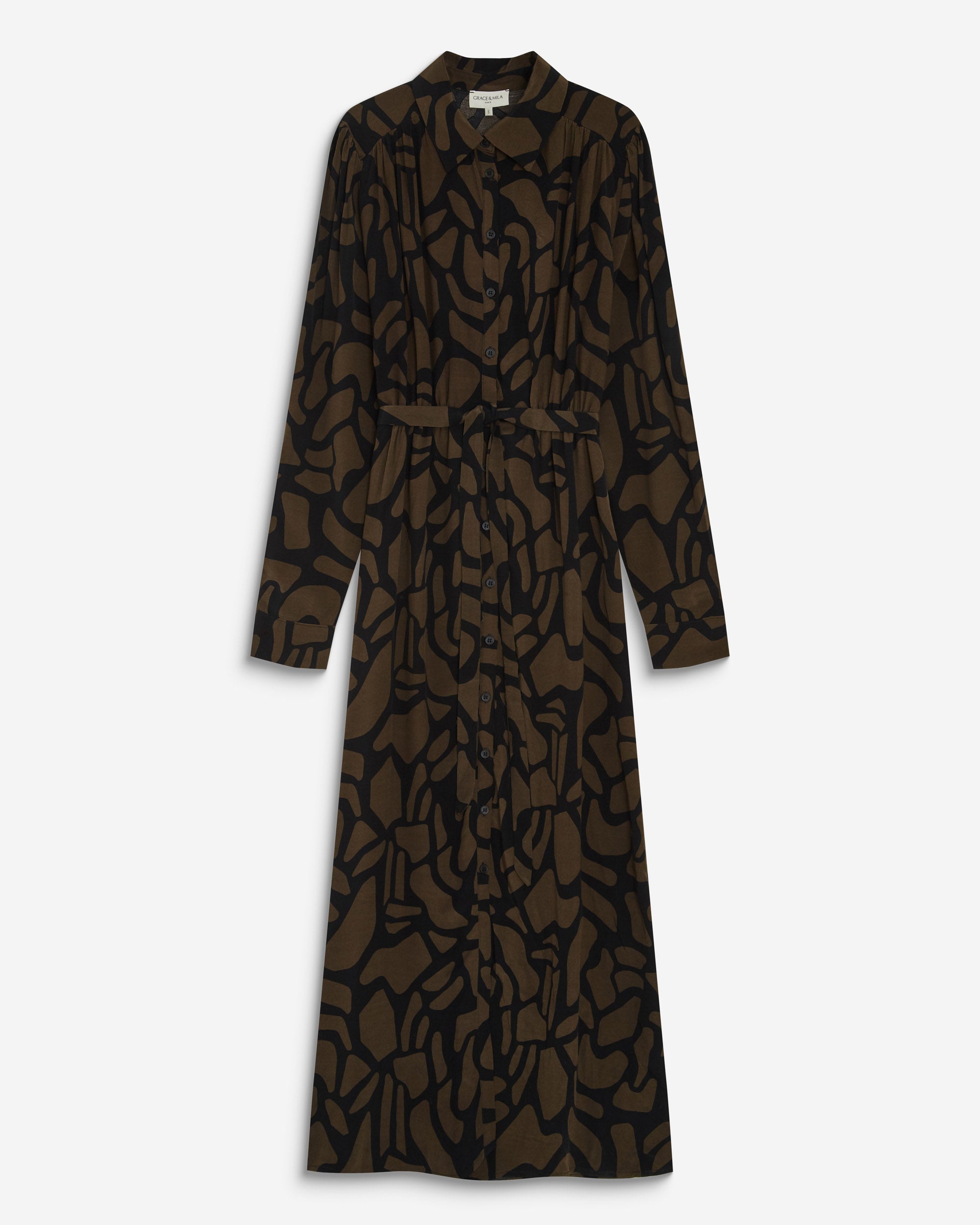 Robe chemise longue ceinturée à motif kaki Aveline