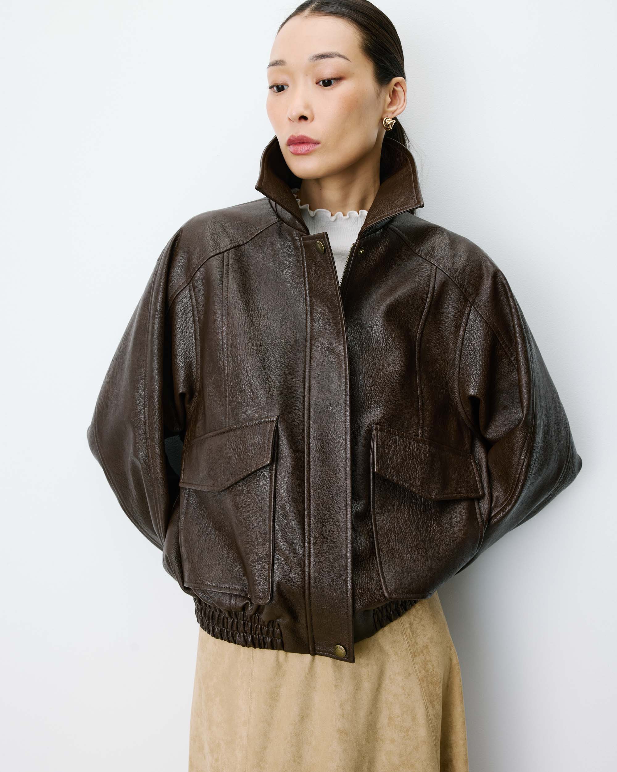 Chaqueta biker oversize de polipiel chocolat Axel