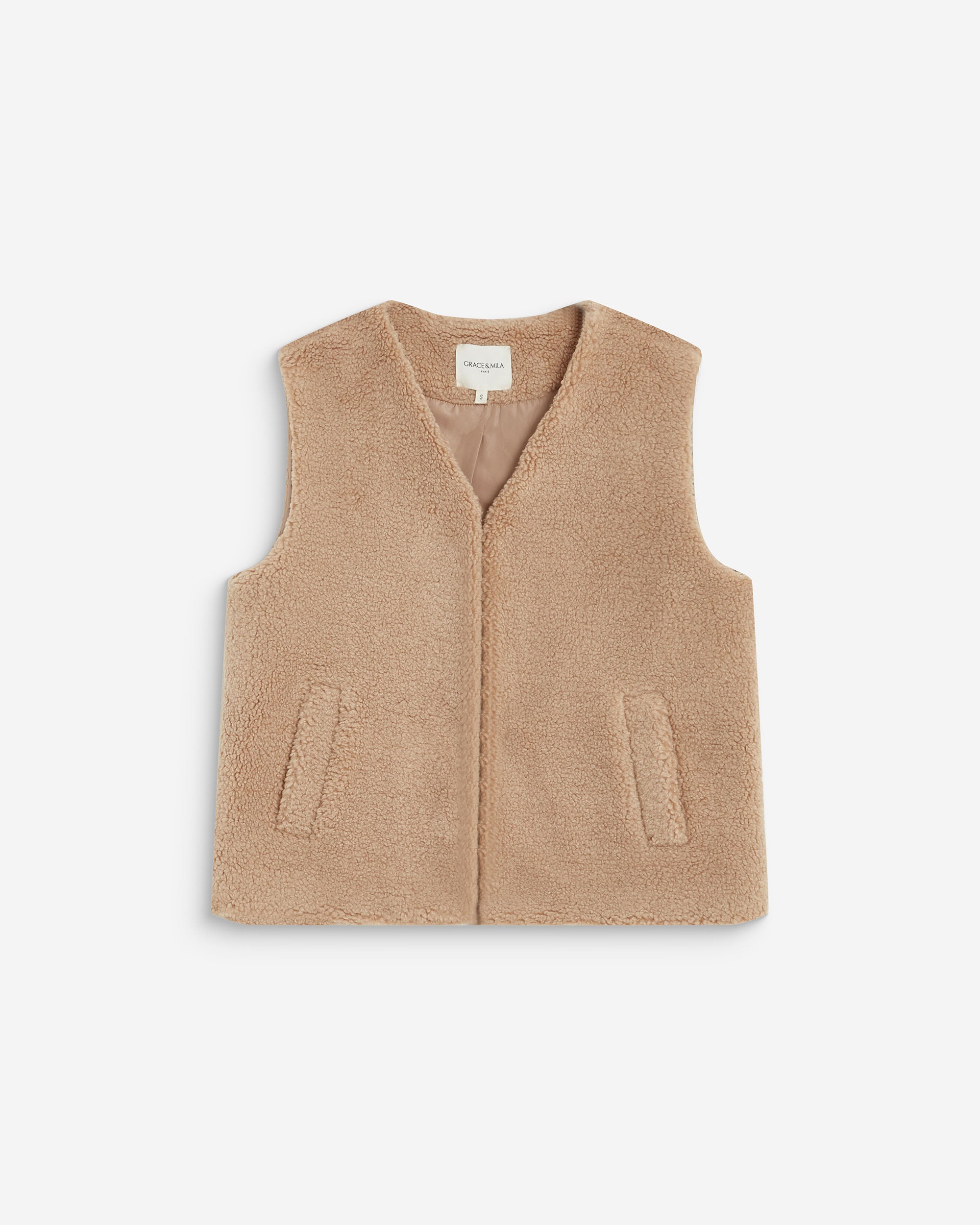 Veste sans manches en fausse shearling beige Avery