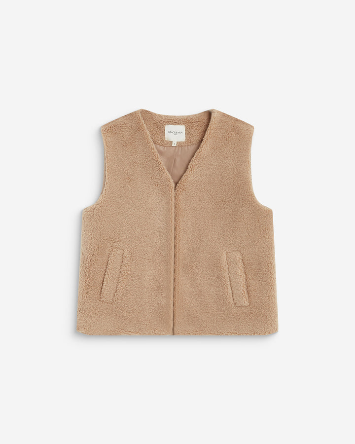Veste sans manches en fausse shearling beige Avery