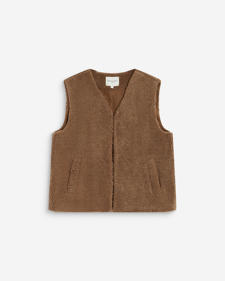 Veste sans manches en fausse shearling taupe Avery