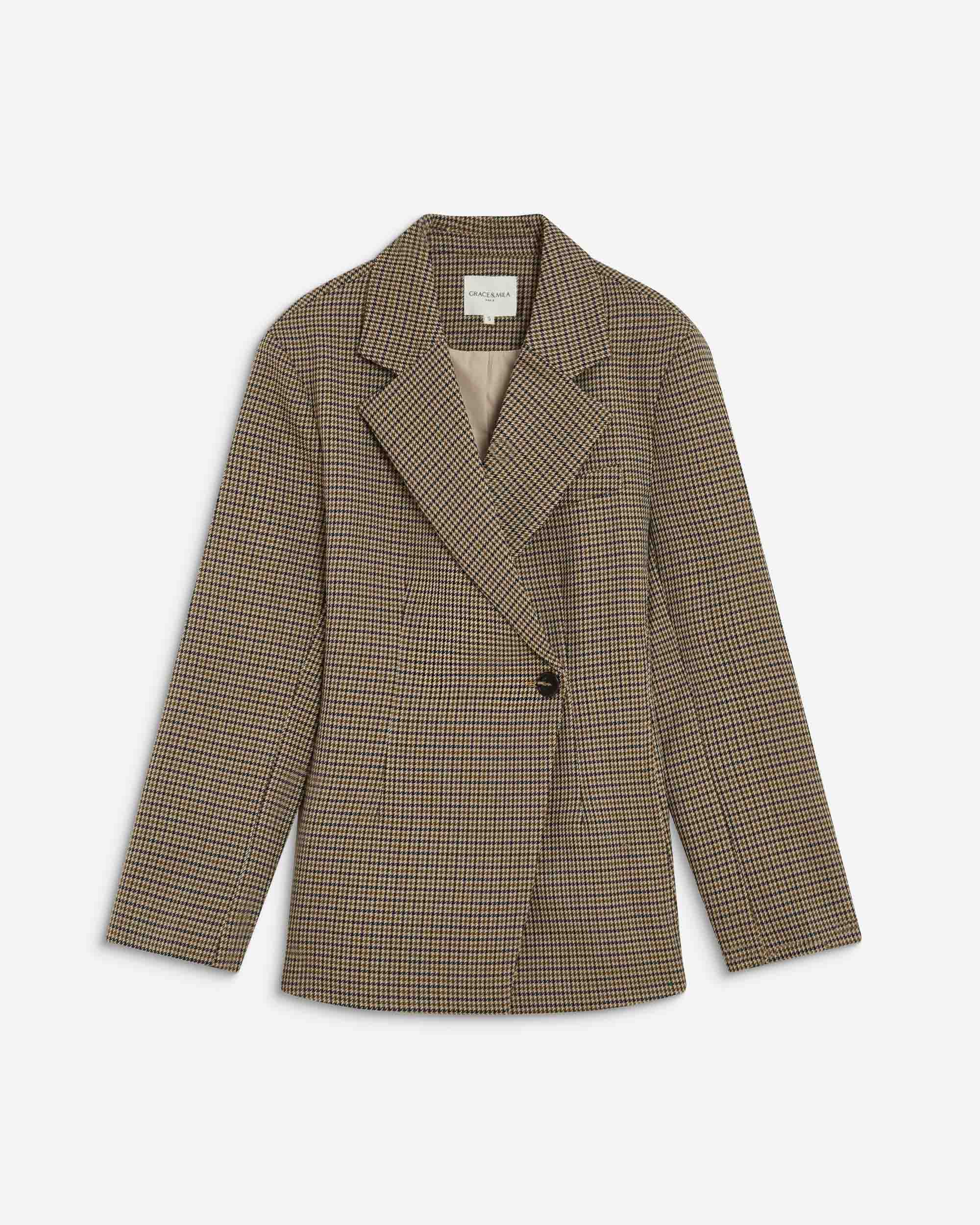Blazer cintré croisé pied-de-poule beige Almond